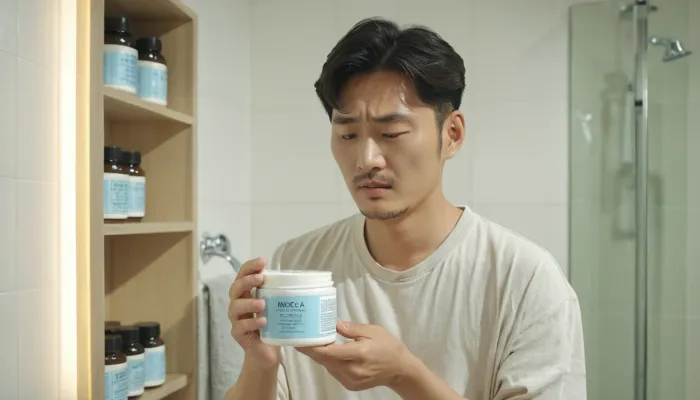 마데카 크림 시즌7 제품을 손에 들고 살펴보는 모습