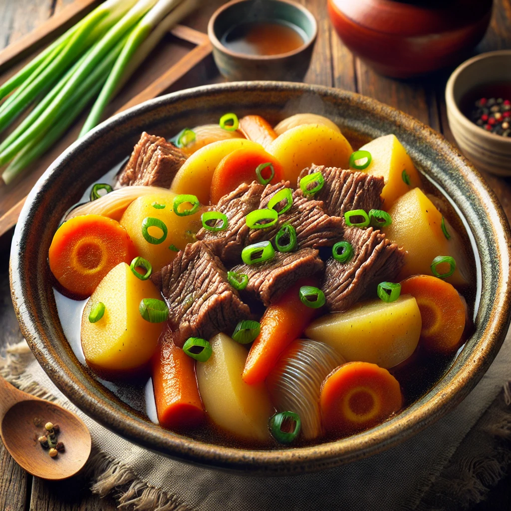 🍱 1. 니쿠자가 (肉じゃが)
니쿠자가는 소고기와 감자를 간장, 설탕, 미림으로 졸인 일본식 조림 요리예요. 달콤짭짤한 맛이 특징이며, 일본 가정에서 어머니가 자주 만들어주는 따뜻한 음식 중 하나랍니다.