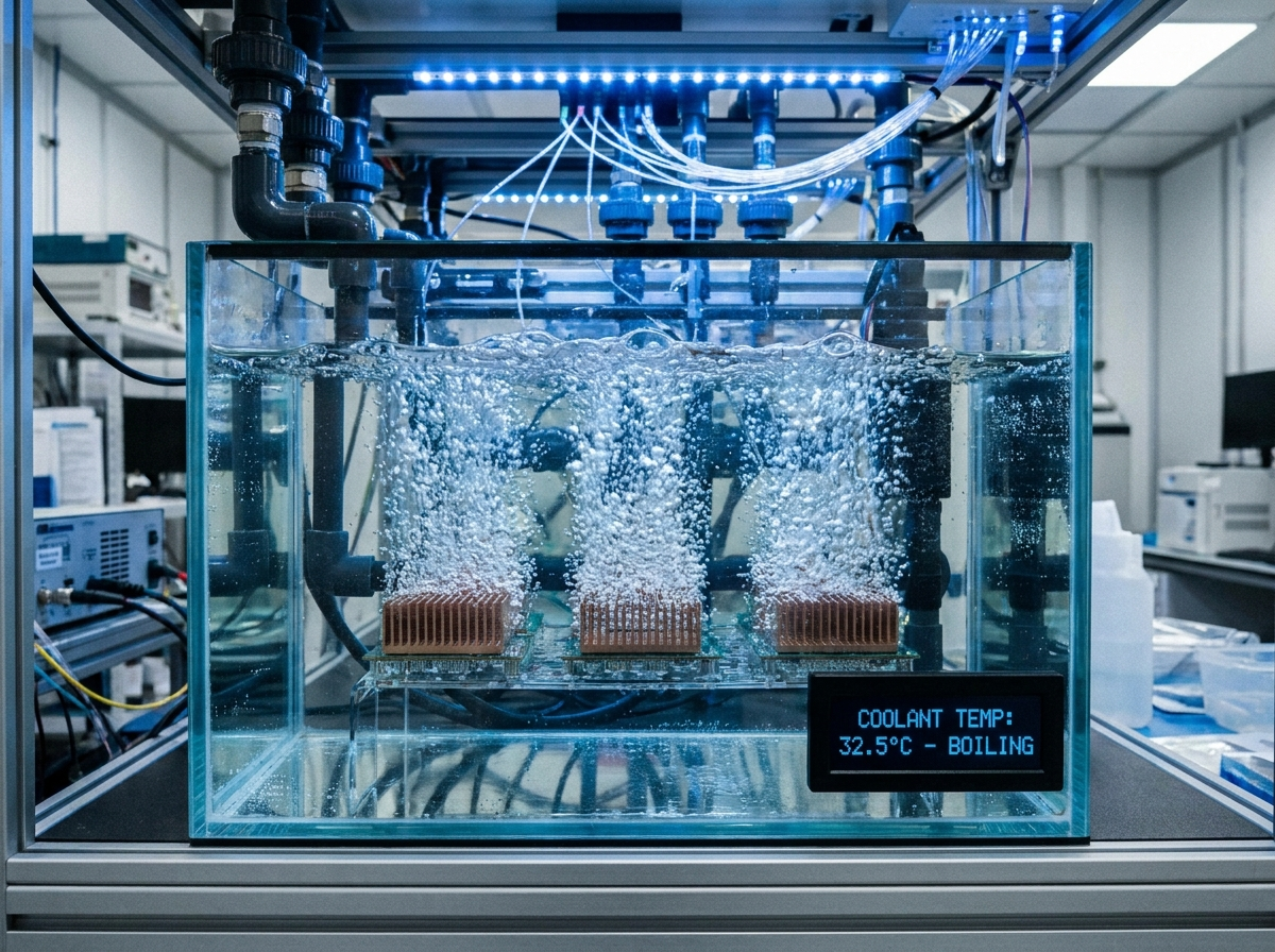 반도체 칩이 특수 액체 속에 잠겨 냉각되는 액침냉각(Immersion Cooling) 시스템의 정밀 접사 사진