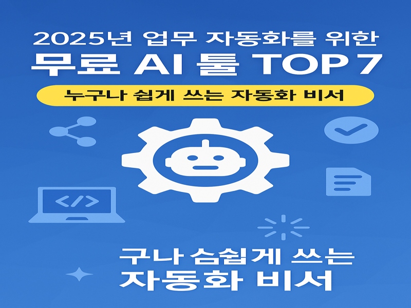 기어 아이콘과 AI 로봇, 노트북, 플로우차트 등 다양한 업무 자동화 도구를 표현한 2025년 무료 AI 툴 소개 이미지