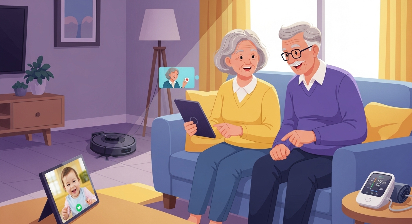 2026년 비대면 설날, 스마트 기기로 멀리 있는 가족과 소통하며 행복해하는 노부부