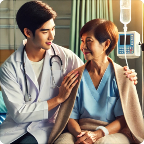 항암 치료 중 환자를 위로하는 의사