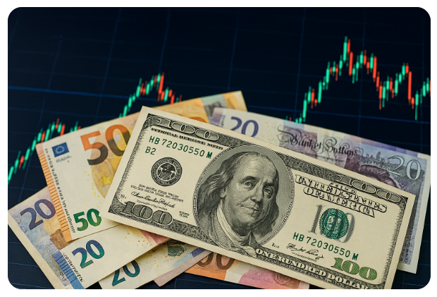 환율 차트를 배경으로 외화 지폐