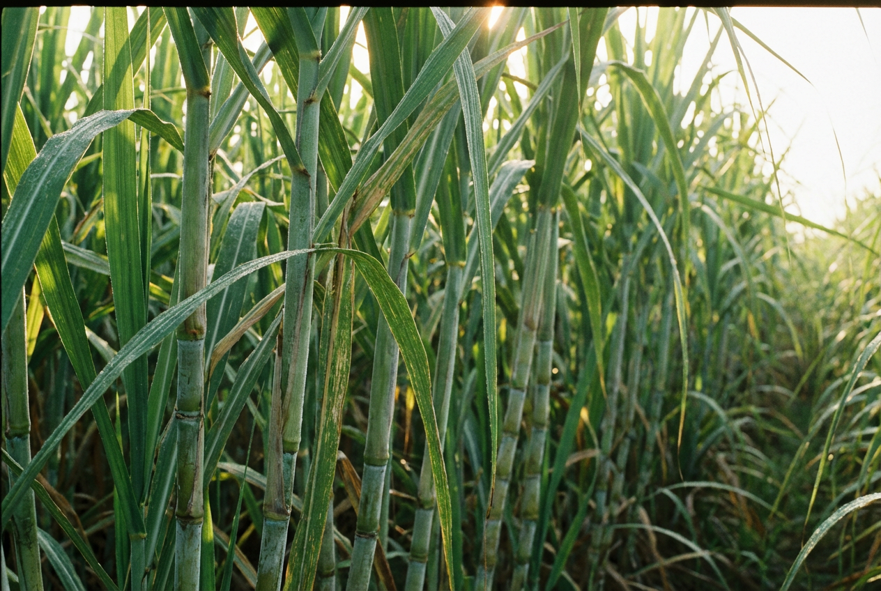 사탕수수 밭과 식물성 원료가 부드러운 빛을 받는 건강한 분위기