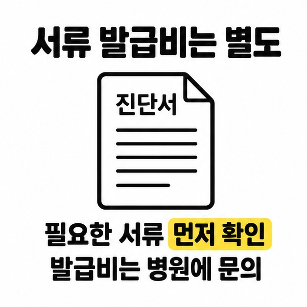 진단서 그림과 필요한 서류를 먼저 확인하고 발급비는 병원에 문의하라는 문구가 있는 그림