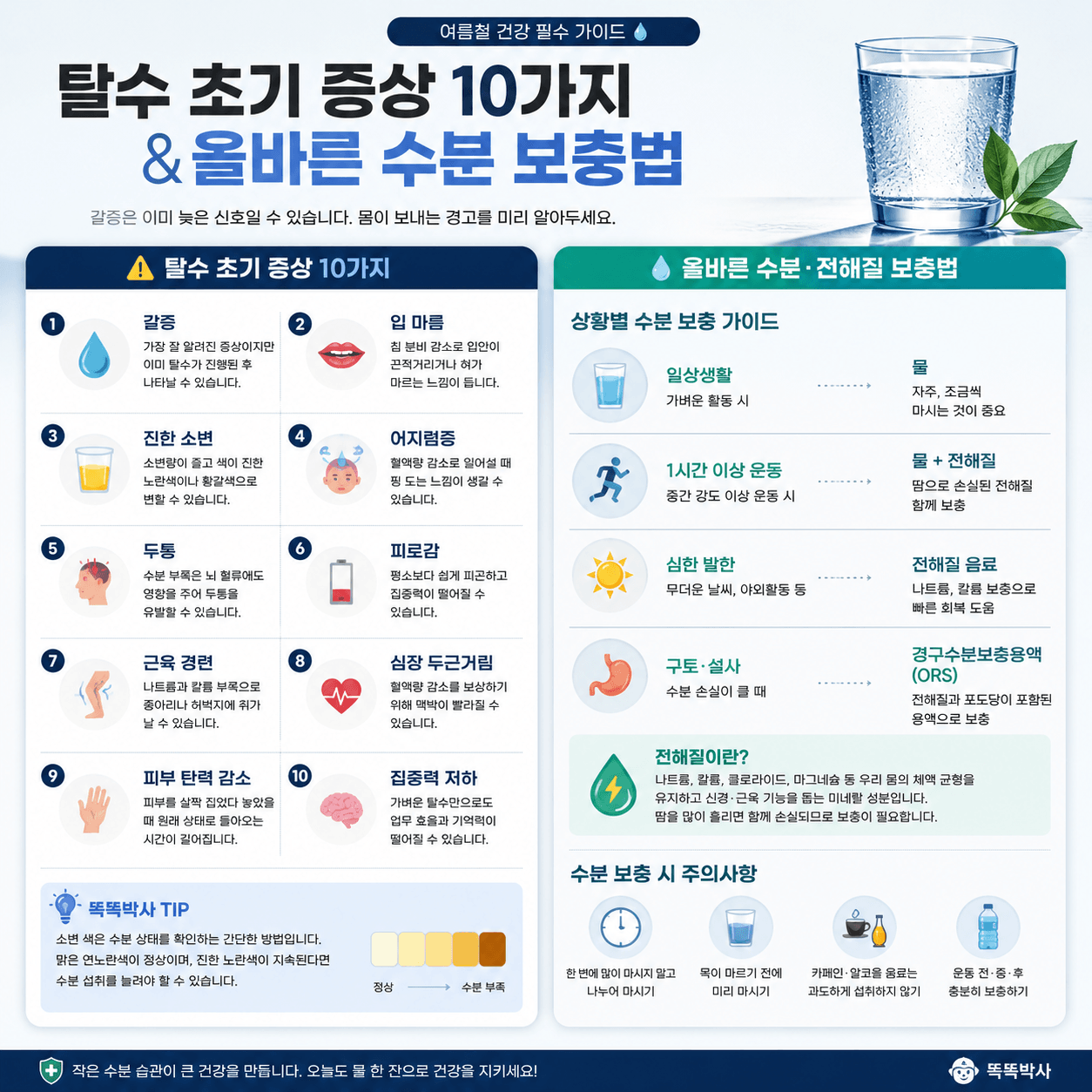 탈수 초기 증상 10가지와 올바른 수분&middot;전해질 보충 방법, 상황별 수분 섭취 가이드 및 탈수 예방법을 정리한 건강 인포그래픽