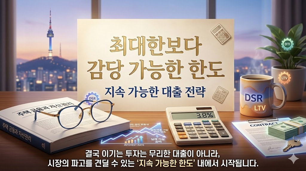안경과 계산기, 전문 서적이 놓인 데스크 위로 '최대한보다 감당 가능한 한도' 메시지가 담긴 이미지