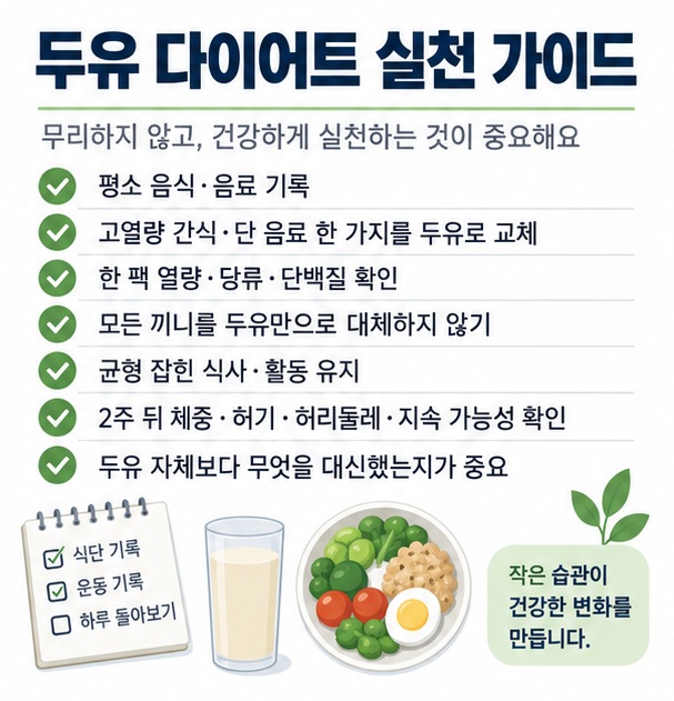 고열량 간식이나 단 음료를 두유로 바꾸고 균형 잡힌 식사와 걷기를 유지하며 2주 뒤 변화를 확인하는 실천 순서