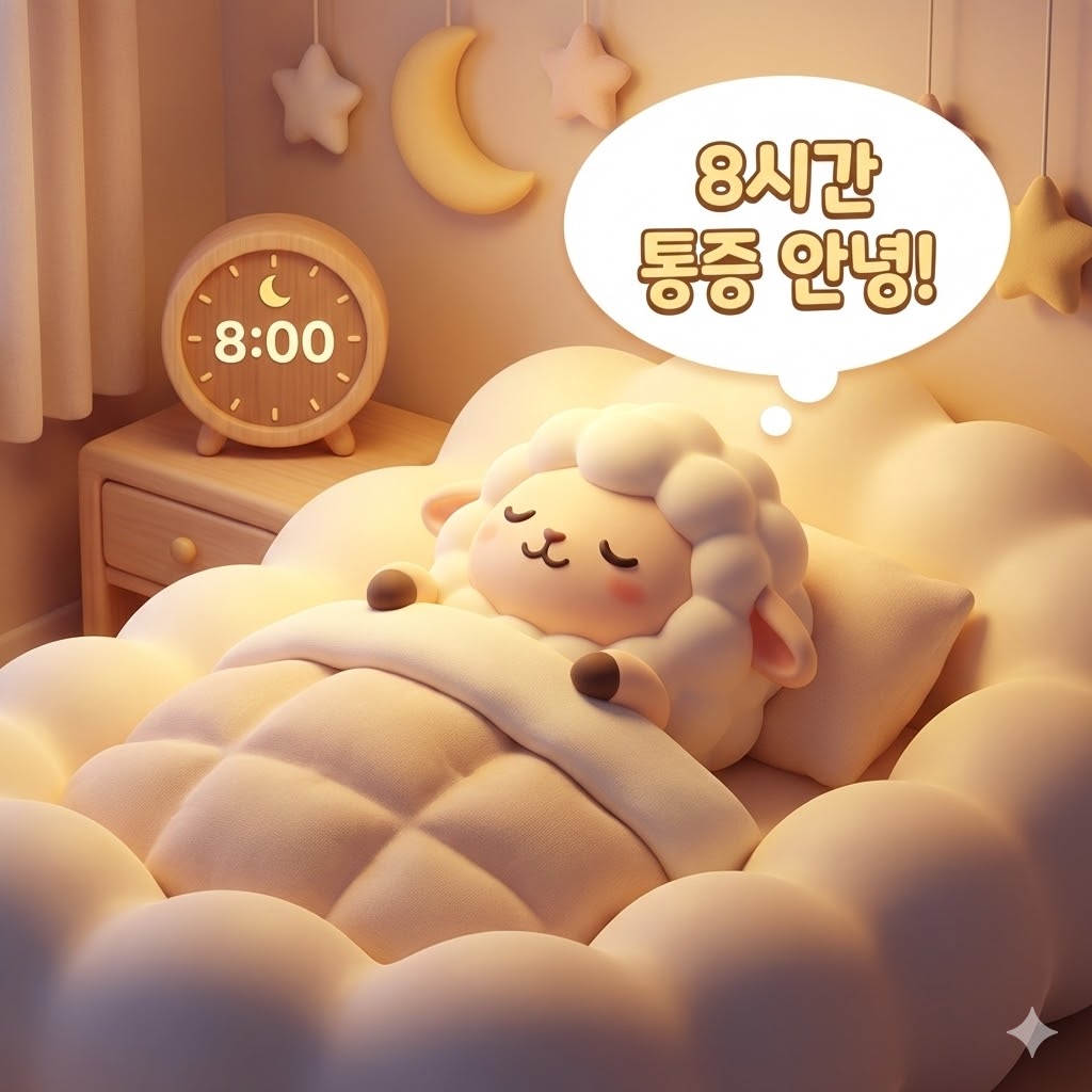 8시간 동안 통증 없이 편안하게 잠든 캐릭터가 그려진 3D 카툰 일러스트, '8시간 통증 안녕!' 문구가 행복한 통증 완화를 상징함.