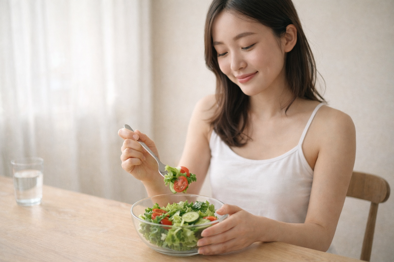 다이어트를 위해 샐러드를 먹으며 살짝 미소 짓고 있는 동양인 여성의 모습, 차분한 분위기의 가로형 이미지