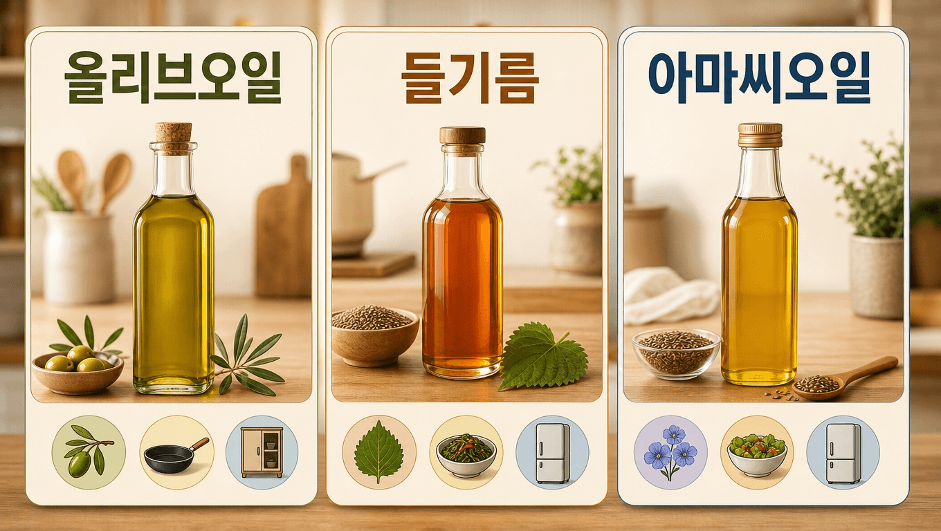 올리브오일 들기름 아마씨오일 차이