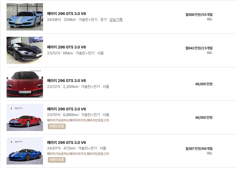 페라리 296 중고차 가격 시세표 유지비