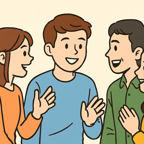 여러 사람들과 편하게 대화하는 남자의 이미지