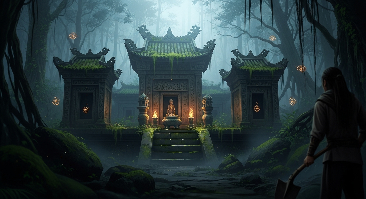 안개 낀 베트남 정글 속 신비롭고 불길한 고대 무덤의 모습. 이장 의식을 준비하는 듯한 인물이 무덤을 응시하고 있다.