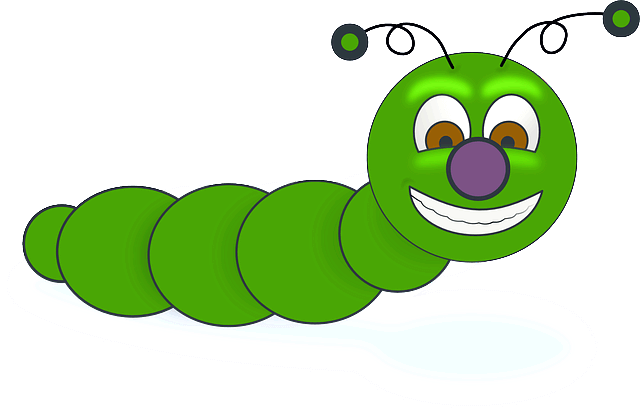 녹색 지렁이 그림이다. 몸이 길고 보라색 코를 가졌다.