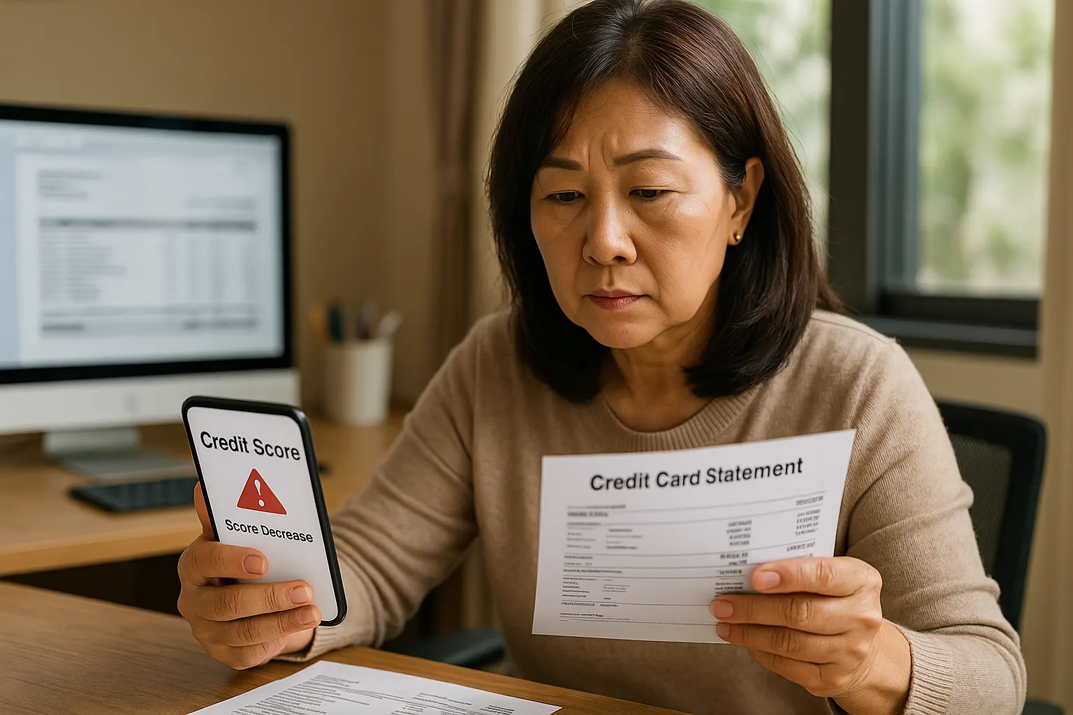 50대 여성이 신용점수 하락 알림과 카드 명세서를 동시에 확인하며 연말 금융상태를 점검하는 장면의 썸네일 이미지입니다.
