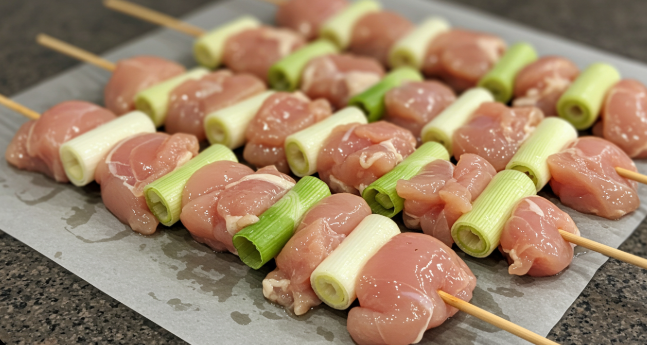 닭고기 및 대파 손질, 꼬치에 꿰기 이미지