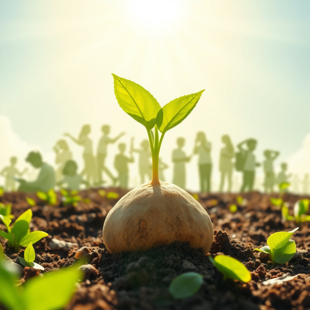 싹을 틔우는 씨앗처럼, 청년수당이 청년들의 잠재력을 깨우고 미래를 위한 발판이 되어주는 모습을 시각적으로 표현합니다. 밝은 색감과 희망찬 분위기로 청년수당의 긍정적인 역할을 강조합니다.