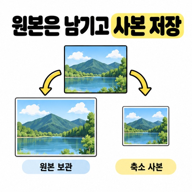 하나의 풍경 사진에서 원본 보관과 축소 사본으로 두 화살표가 갈라져 별도 저장을 보여주는 그림