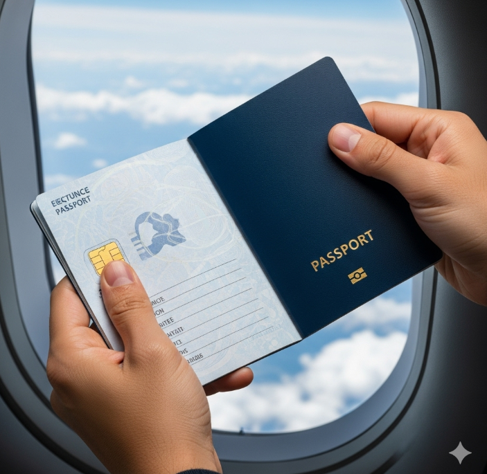 새로운 전자여권을 행복하게 펼쳐 보이는 사람의 손. 뒤에는 비행기 창문과 구름이 보이는 배경으로, 여행에 대한 설렘을 표현한다