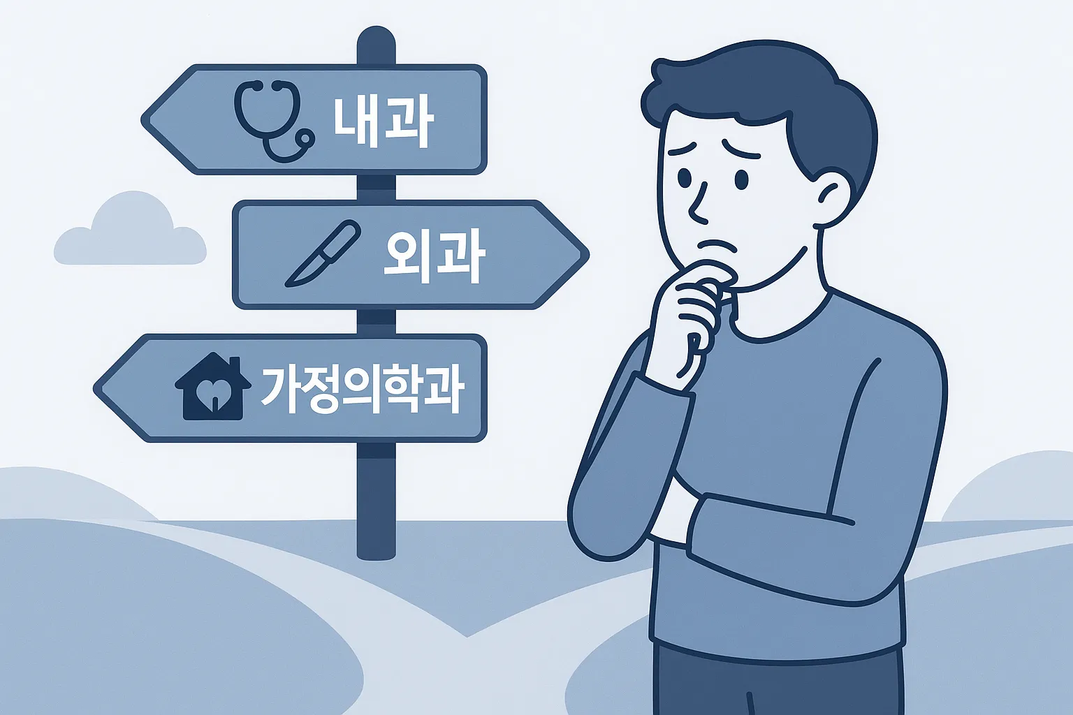 &quot;내과, 외과, 가정의학과 중 어떤 진료과를 선택해야 할지 고민하는 사람의 모습&quot;