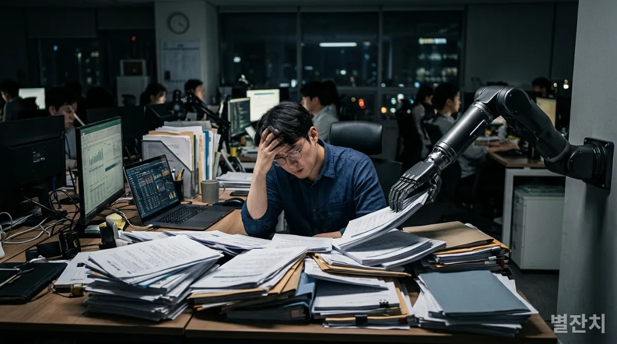 AI 자동화로 인해 업무에 압도당하는 한국인 사무직 직원