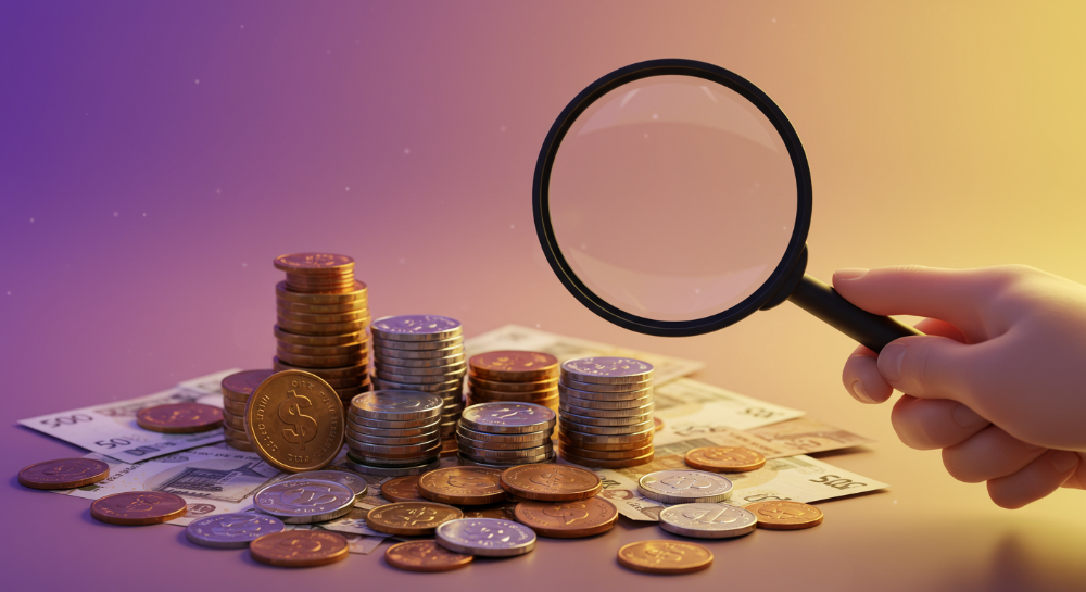 확대경으로 환급금을 찾아보는 사람이 쌓여 있는 동전과 지폐를 들여다보는 모습.