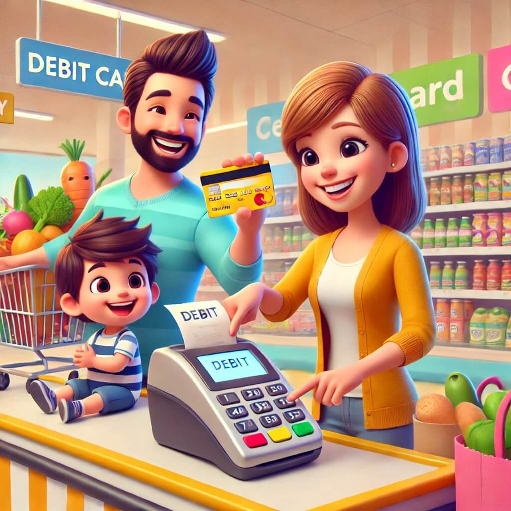 카드 소득공제 받기 위해 마트에서 카드로 결제하고 있는 가족