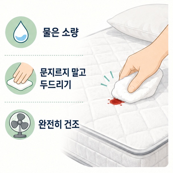 매트리스 피얼룩을 소량의 찬물과 천으로 두드려 제거한 뒤 충분히 건조하는 방법을 안내한 이미지
