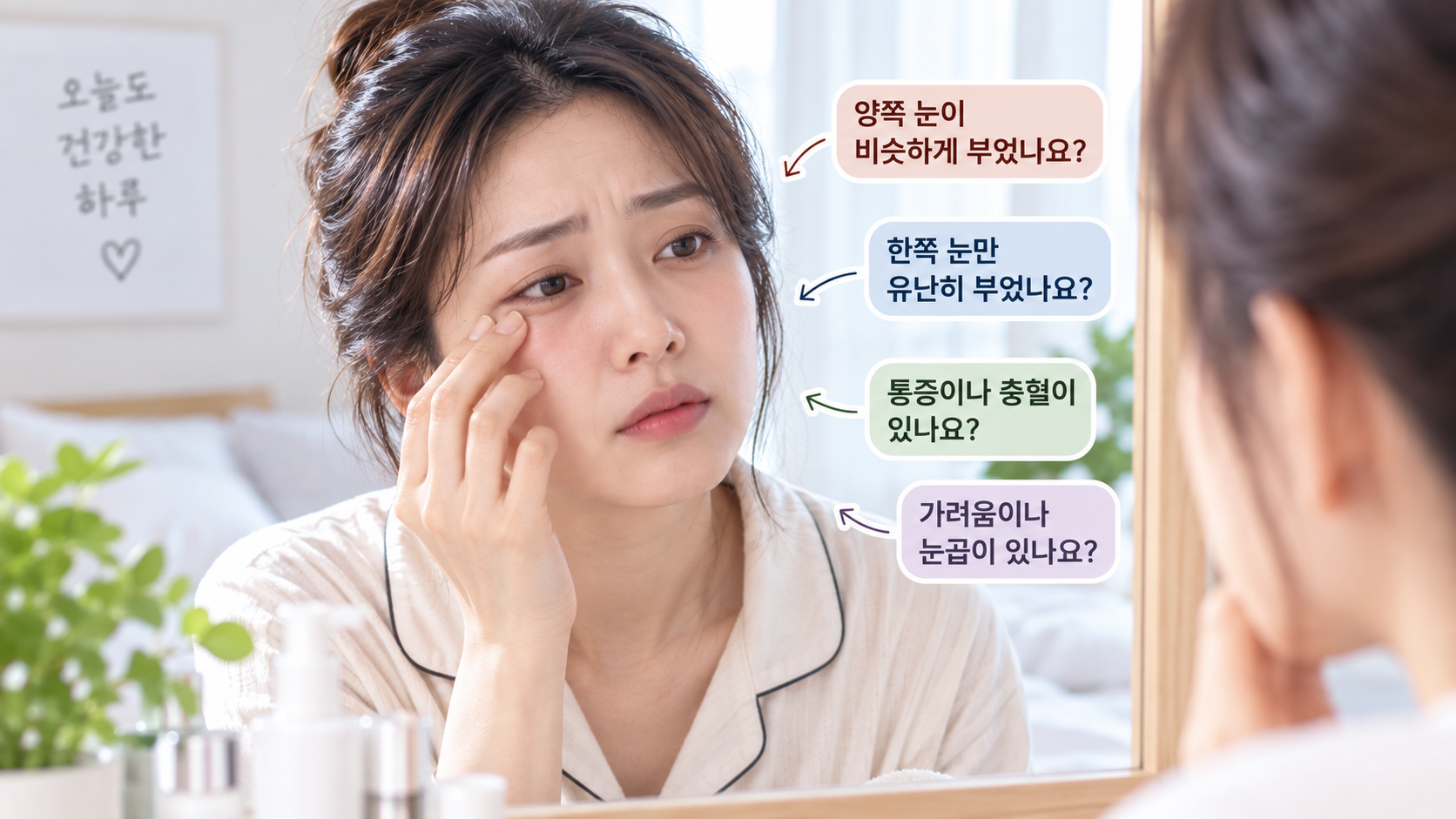 아침에 거울을 보며 한쪽 눈과 양쪽 눈의 붓기 차이를 확인하는 모습