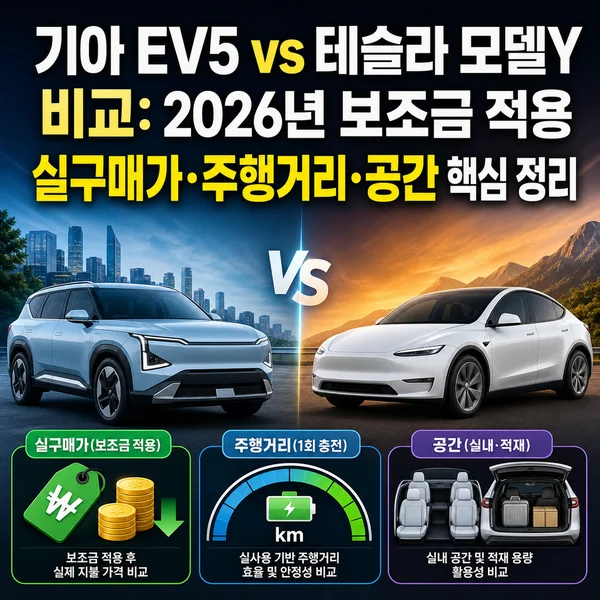 기아 EV5 vs 테슬라 모델Y 비교: 2026년 보조금 적용 실구매가&middot;주행거리&middot;공간 핵심 정리