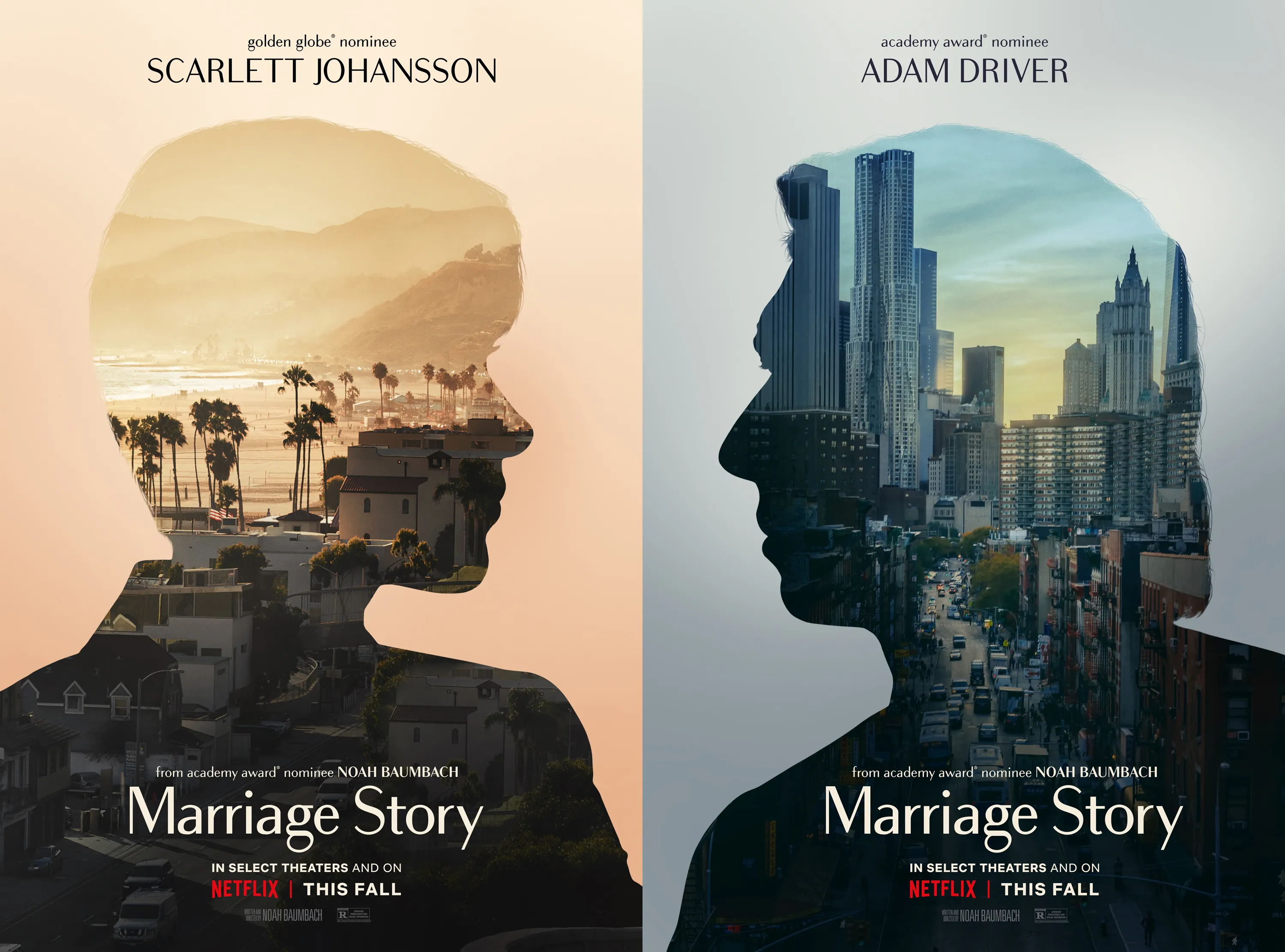marriage story 포스터 해변과 빌딩숲이 대비된 그림