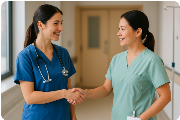 간호사와 간호조무사가 서로 존중하며 일하는 모습