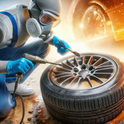 정비사가 방진 마스크를 착용하고 자동차 휠을 정비하는 모습