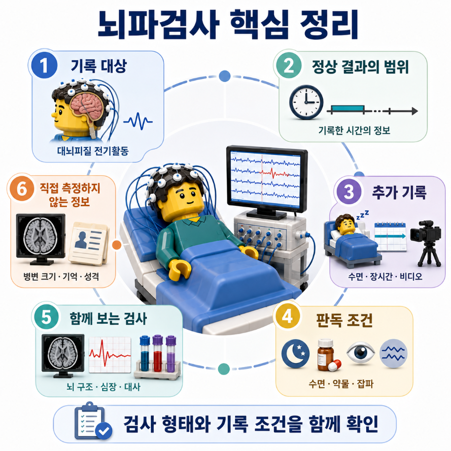 뇌파검사 결과를 이해할 때 확인하는 핵심 정보를 한눈에 정리한 의료 요약 인포그래픽