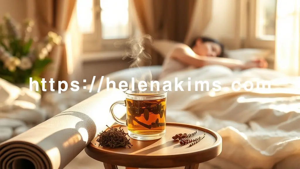 따뜻한 햇살이 비추는 아늑한 공간. 김이 모락모락 나는 허브차 한 잔, 옆에는 요가 매트와 맑은 공기를 나타내는 창문. 멀리서는 편안하게 숙면을 취하는 여성의 모습.