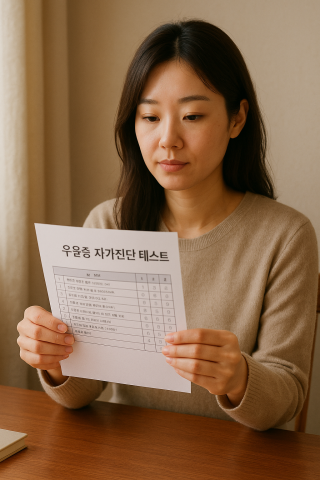 설문지를 보며 우울증 자가진단을 하는 한국인 여성