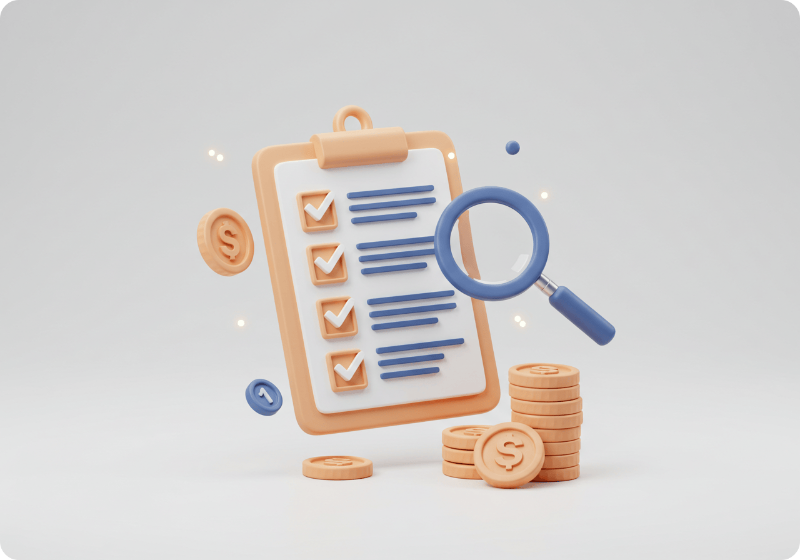 새도약기금 자격 조건 확인을 위한 체크리스트 3D 아이콘 - 서류와 돋보기, 확인 마크가 조화롭게 배치된 모습