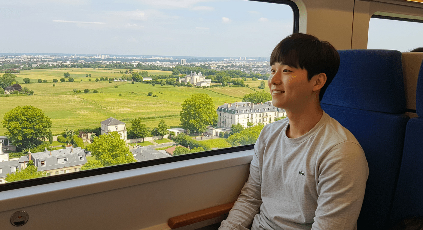 고속열차를 타고 여행하는 여행자 사진