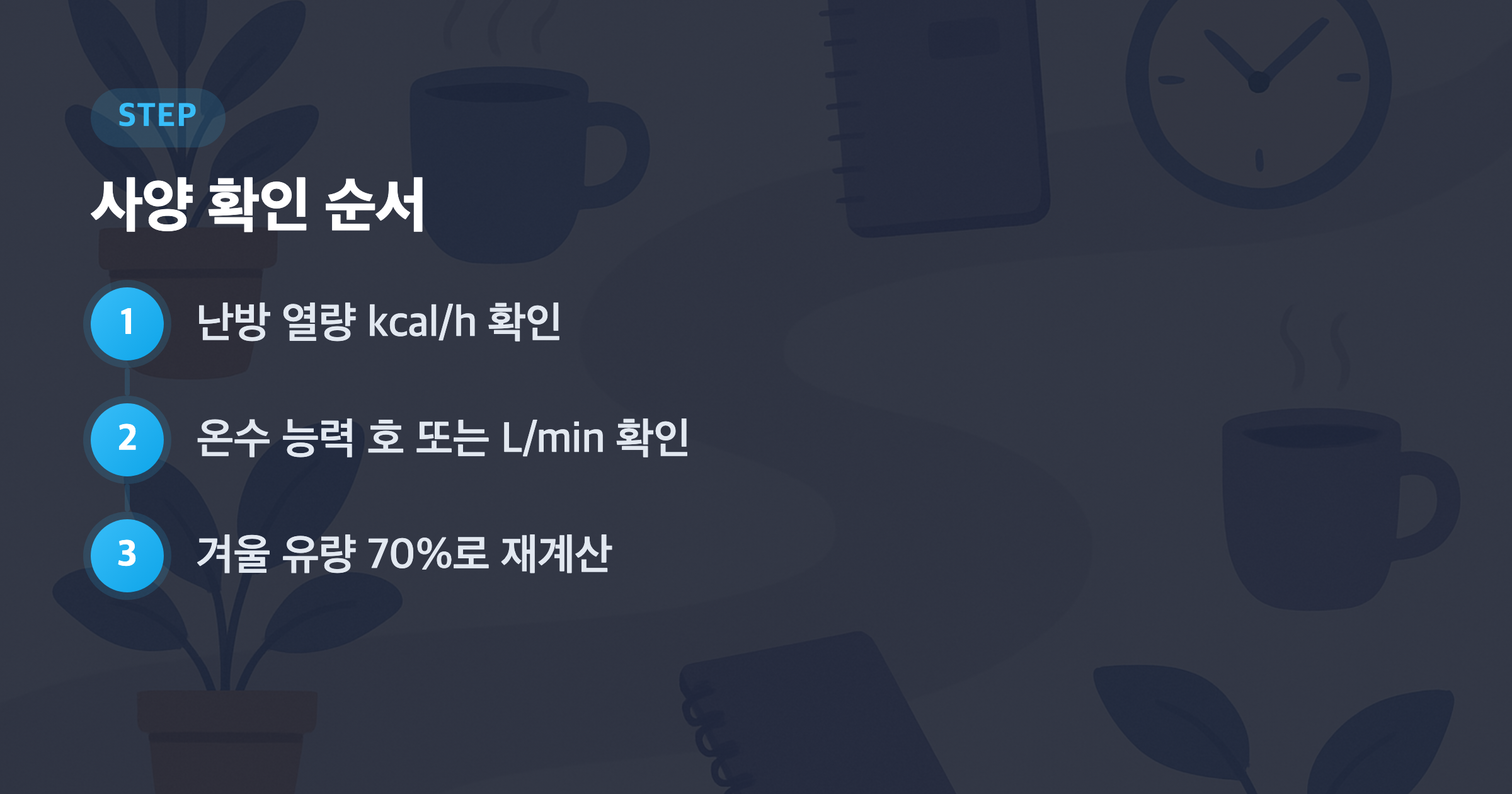 사양 확인 순서: 난방 열량 kcal/h 확인, 온수 능력 호 또는 L/min 확인, 겨울 유량 70%로 재계산