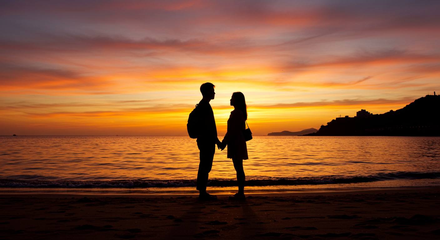 제주 해변에서 노을을 바라보는 한국인 커플의 실루엣