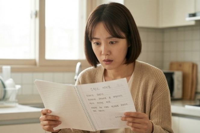 알림장을 보며 당황한 표정을 짓는 엄마
