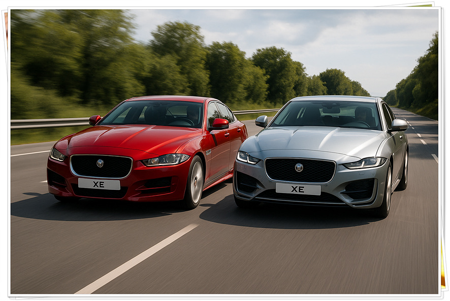 도로 위에서 독보적인 존재감을 뽐내는 재규어 XE의 역동적인 주행 모습#1
