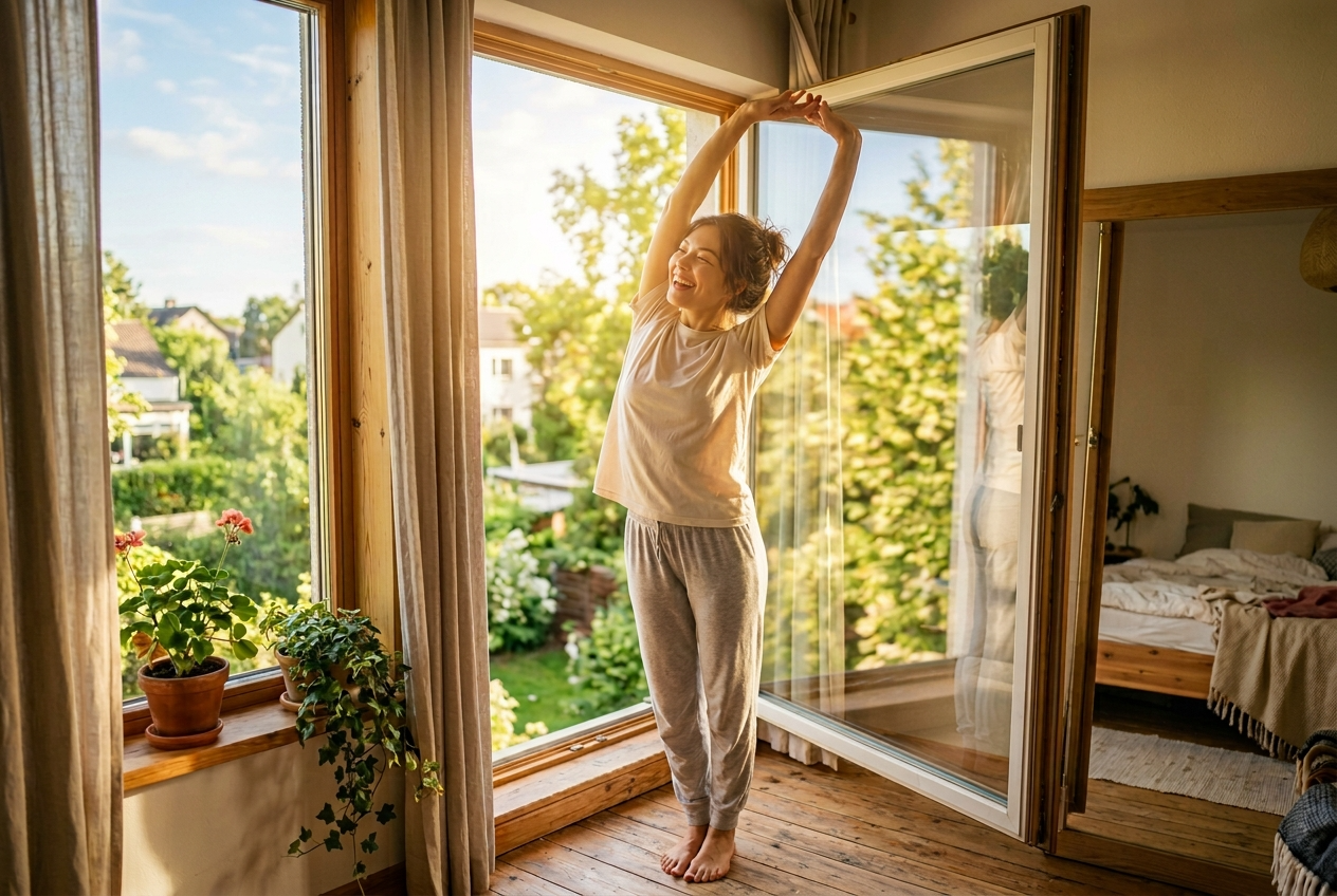 창문을 열고 따뜻한 햇빛을 맞으며 기지개를 켜는 활기찬 사람의 모습