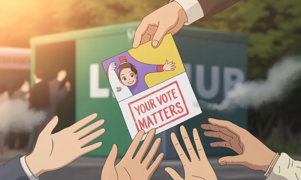 2025년 대선 맞이, MZ세대의 개성을 담은 투표 인증용지 인증샷. 빨간 도장이 찍힌 용지를 들고 있는 다양한 손들이 투표 참여의 즐거움을 표현합니다.