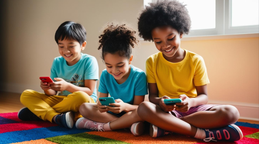 스마트폰 보는 어린이들 이미지