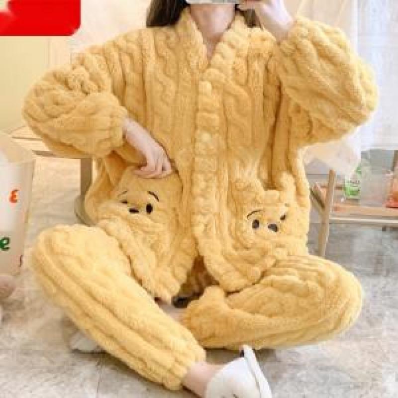 귀여운 푸 꽈배기 곰돌이 상하의 겨울 두꺼운 따뜻한 귀여운 집순이 후드 양털 빅 잠옷