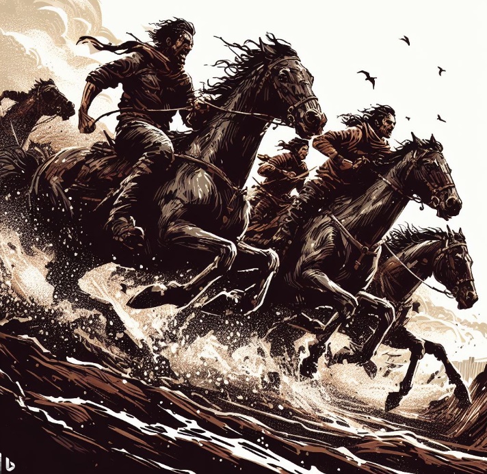 말을 타고 맹렬한 기세로 달리는 사람들(made by Bing)