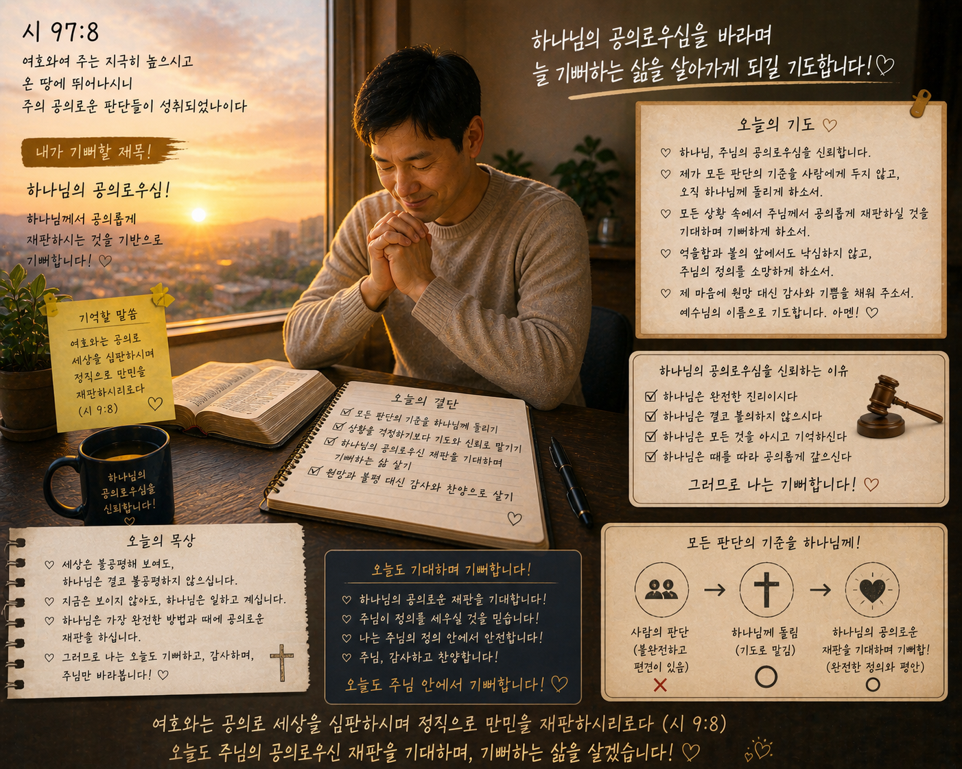 시 97:8 말씀에서 내가 기뻐할 제목이 하나님의 공의로우심 즉&amp;#44; 하나님께서 공의롭게 재판하시는 것을 기반으로 기뻐하는 것을 보게 되었는데&amp;#44; 제가 하나님의 공의로우심을 바라며&amp;#44; 늘 기뻐하는 삶을 살아가게 되길 기도하며&amp;#44; 오늘도 하나님께서 공의롭게 재판하실 것을 기대하며&amp;#44; 모든 판단의 기준을 하나님께 돌리며 그 하나님의 공의로우신 재판을 기대하며 기뻐하는 시도를 하는 모습입니다.