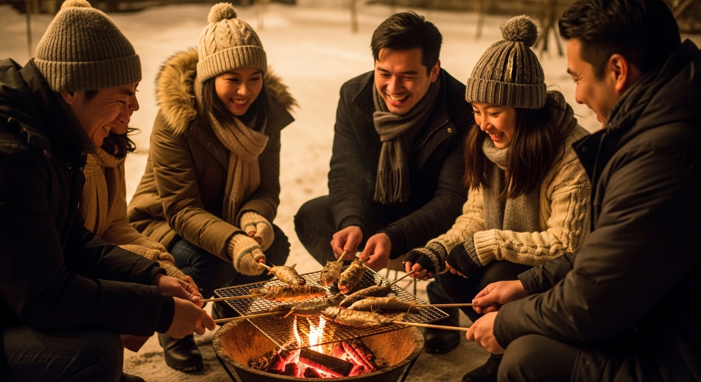 겨울 축제에서 잡은 산천어를 모닥불에 구워 먹으며 즐거워하는 사람들